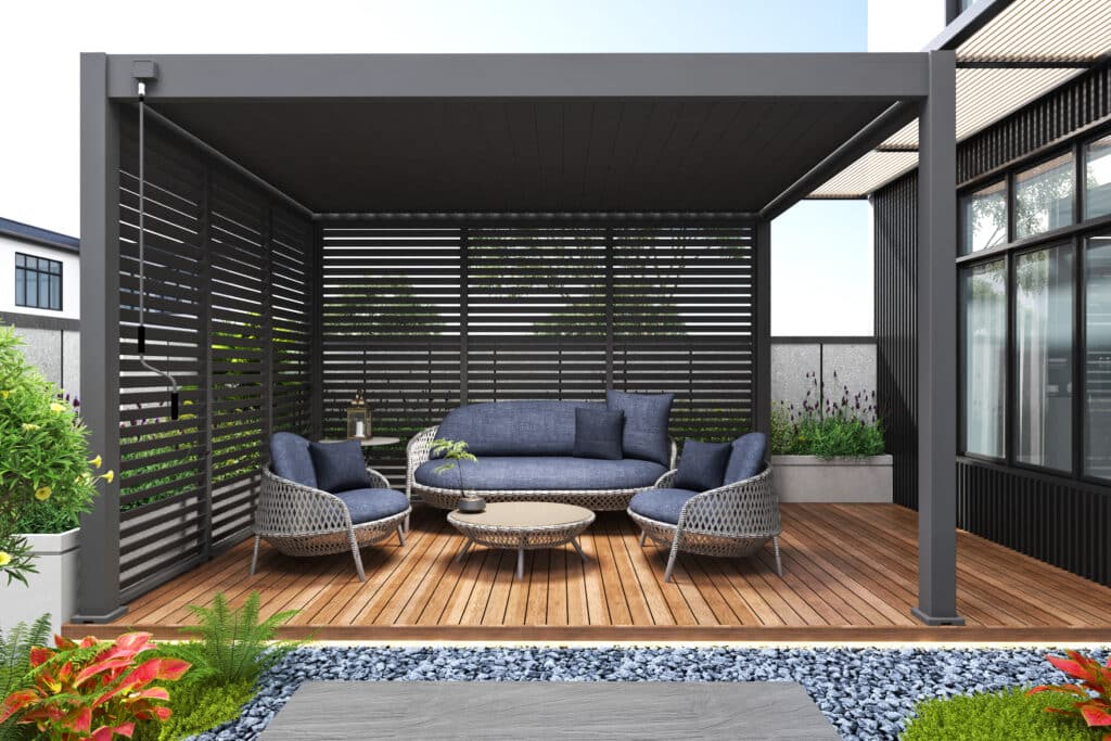 Veranza Freestanding DIY pergola with outdoor furniture in Garden. Great outdoor living