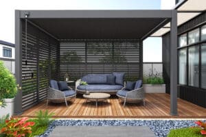 Veranza Freestanding DIY pergola with outdoor furniture in Garden. Great outdoor living
