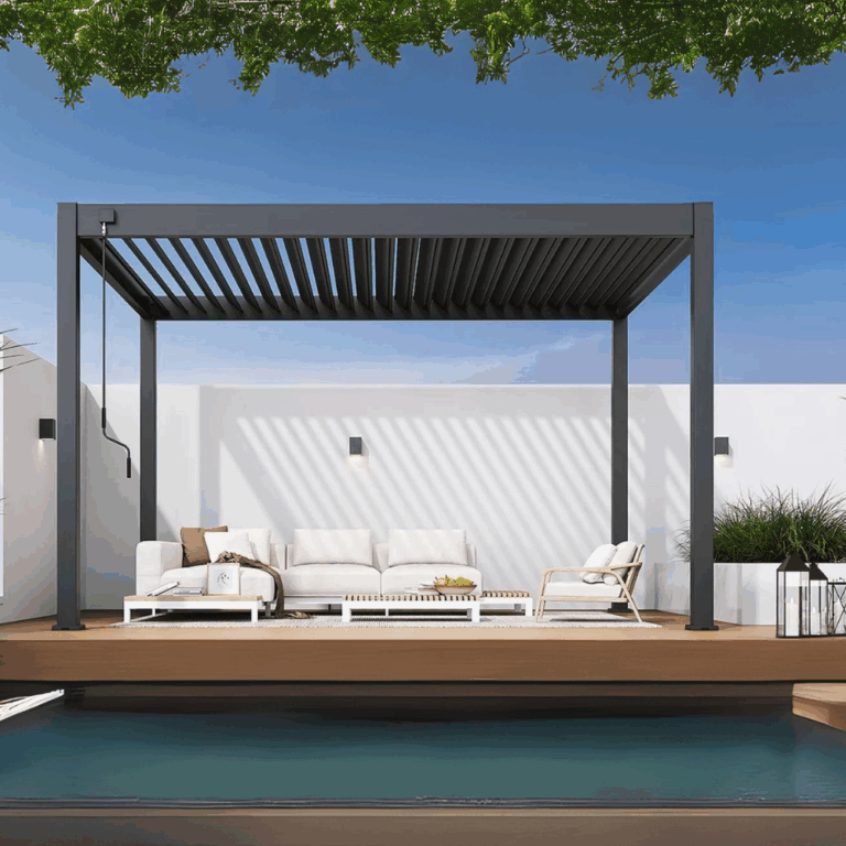 Veranza Freestanding DIY pergola with outdoor furniture in Garden. Great outdoor living