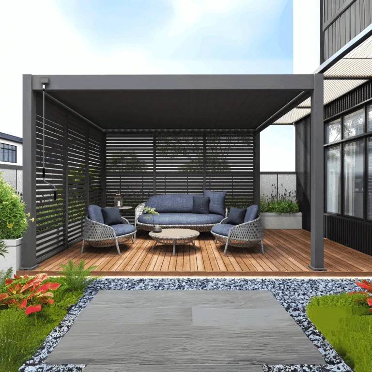 Veranza Freestanding DIY pergola with outdoor furniture in Garden. Great outdoor living