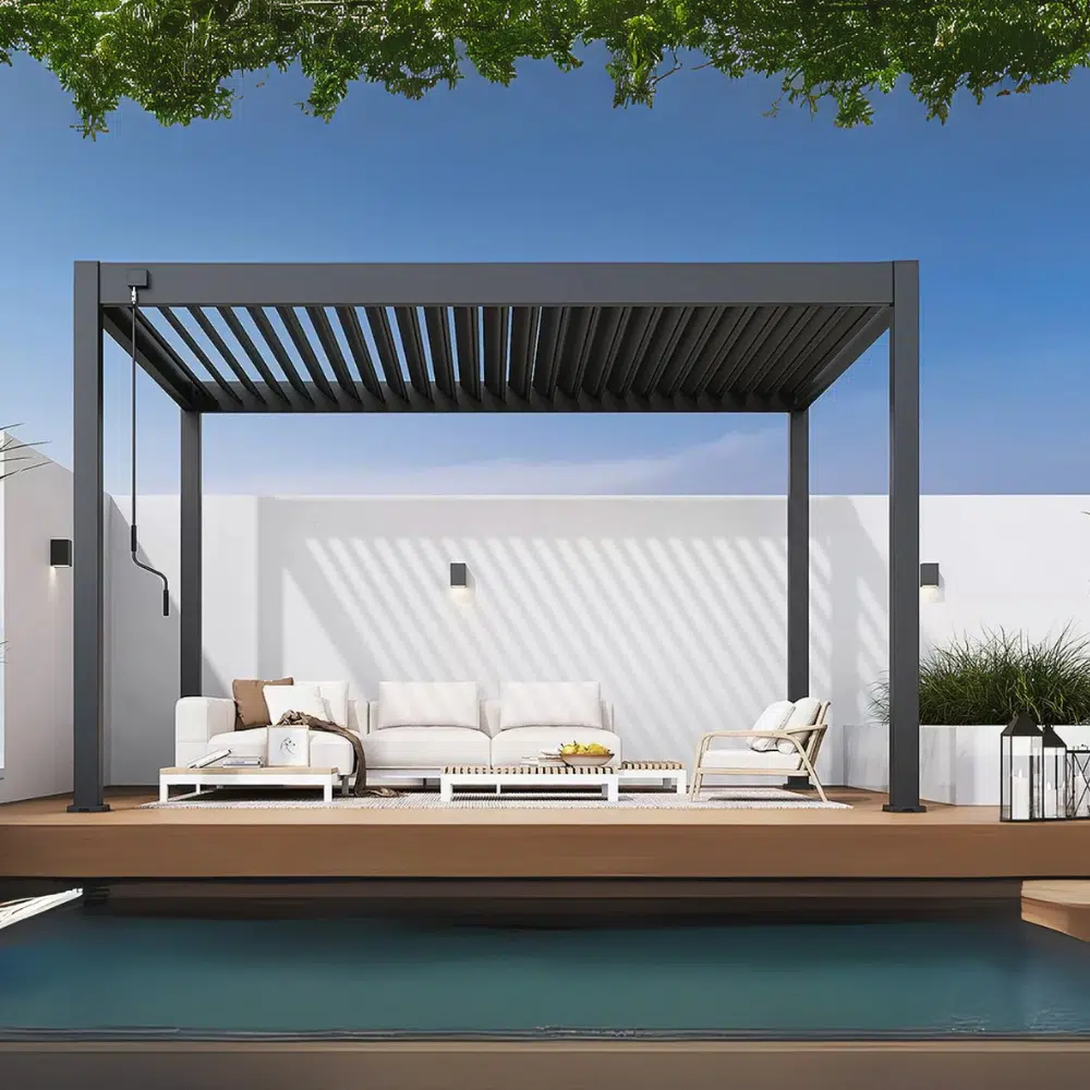 Veranza Freestanding DIY pergola with outdoor furniture in Garden. Great outdoor living