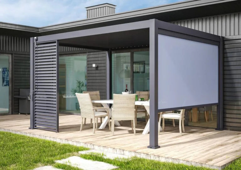 Veranza DIY Pergola for sale with Side panels and blinds, configure you own, get in touch with The Outdoor Scene- outdoor.ie and consult the experts.