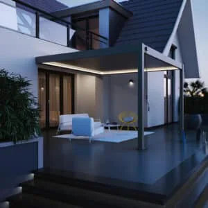 Metal Pergola with roof wall mounted 3.6m x 4m. Pergola in Ireland for sale from The Outdoor Scene. Upgrade your outdoorliving.