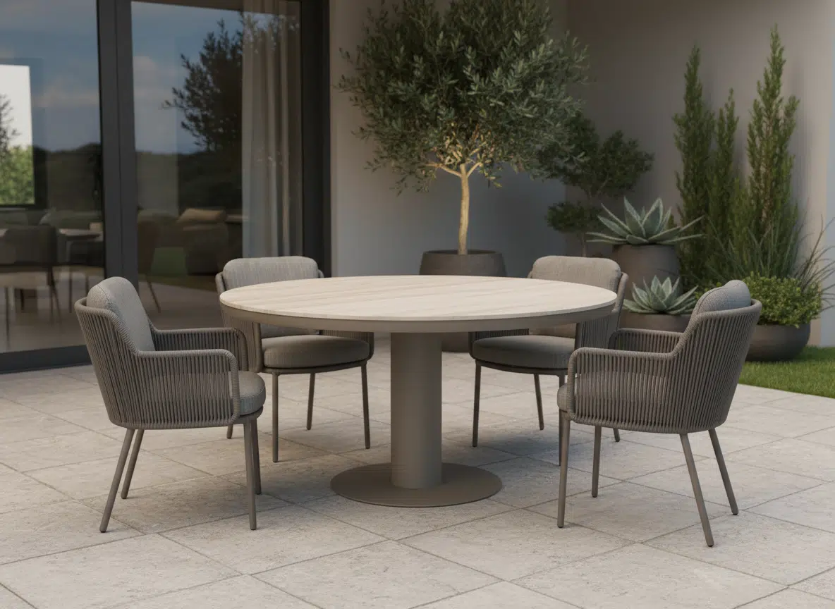 Premium Garden Dining set for sale. 125cm Brown - Taupe irin table with 4 bernini chairs brown that makes your patio or garden a entertaining diner