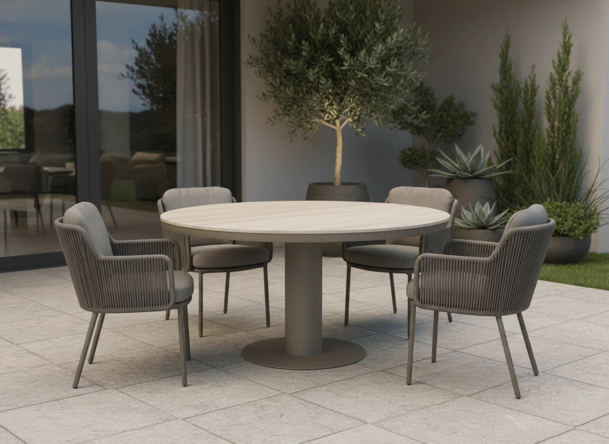 Premium Garden Dining set for sale. 125cm Brown - Taupe irin table with 4 bernini chairs brown that makes your patio or garden a entertaining diner