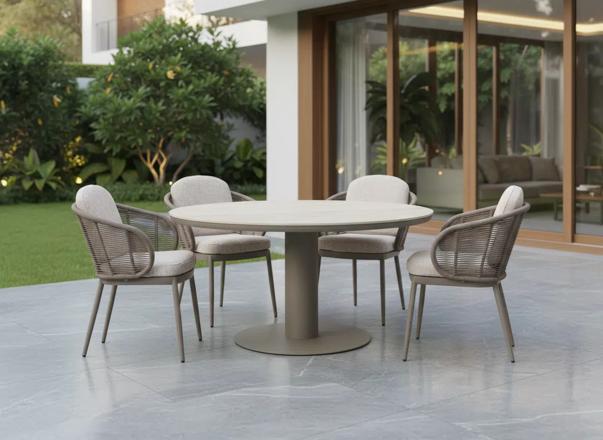 Premium Garden Dining set for sale. 125cm Brown - Taupe irin table with 4 Santorini chairs brown that makes your patio or garden a entertaining diner