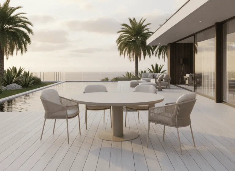 125cm Sand irin garden dining table with 4 Florence Latte Chairs for sale from The Outdoor Scene. Premium Furniture Retailer in Irealnd
