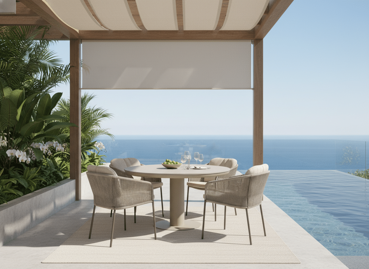 Irin 125cm 4 seater dining table with 4 Florence Chairs for sale from The Outdoor Scene, Dublin, Ireland