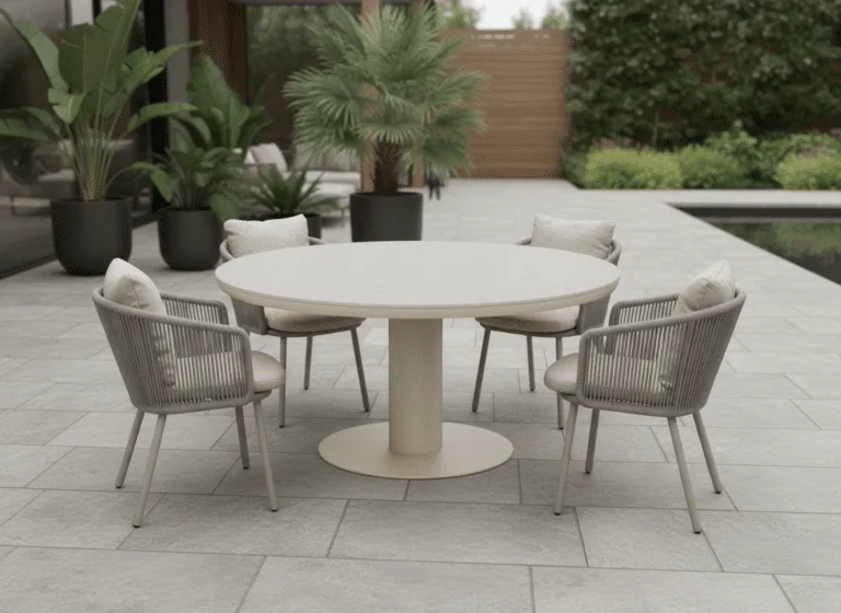 125cm Sand irin garden dining table with 4 harbour Latte Chairs for sale from The Outdoor Scene. Premium Furniture Retailer in Irealnd