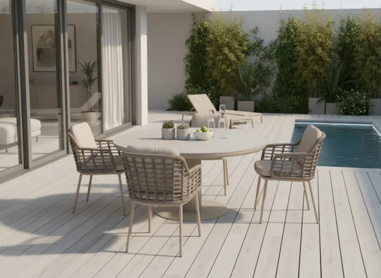 125cm Sand irin garden dining table with 4 Puglia Latte Chairs for sale from The Outdoor Scene. Premium Furniture Retailer in Irealnd