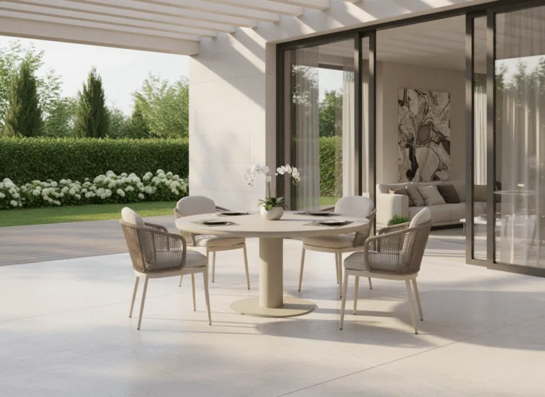 125cm Sand irin garden dining table with 4 Santorini Latte Chairs for sale from The Outdoor Scene. Premium Furniture Retailer in Irealnd