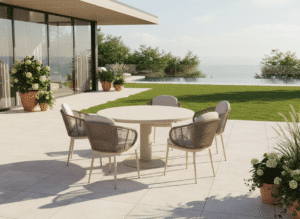Irin 125cm 4 seater dining table with 4 Santorini Chairs for sale from The Outdoor Scene, Dublin, Ireland