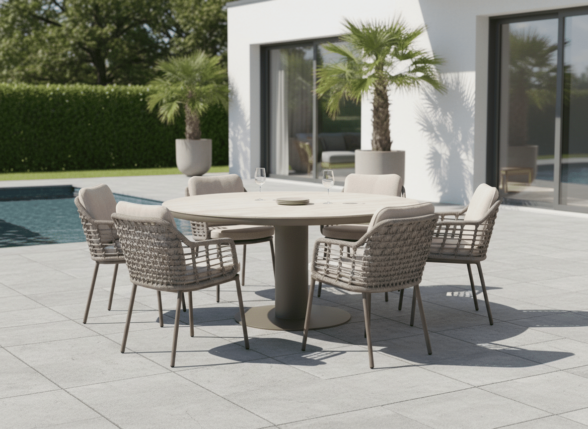 160cm Brown Irin Round Garden Dining Set– 6 Seater