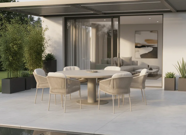 160cm Sand irin garden dining table with 6 FlorenceLatte Chairs for sale from The Outdoor Scene. Premium Furniture Retailer in Irealnd