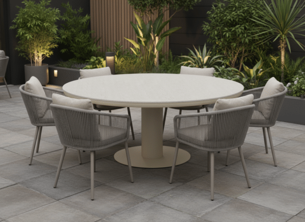 160cm Beige Irin Round Outdoor Dining Set– 6 Seater