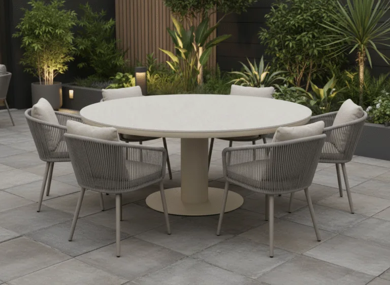 125cm Sand irin garden dining table with 6 harbour Latte Chairs for sale from The Outdoor Scene. Premium Furniture Retailer in Irealnd