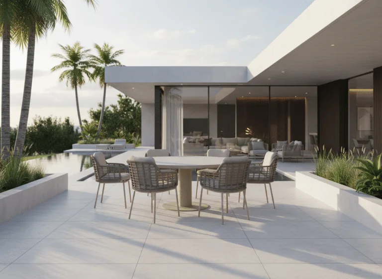 160cm Sand irin garden dining table with 6 Puglia Latte Chairs for sale from The Outdoor Scene. Premium Furniture Retailer in Irealnd