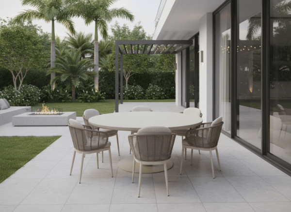 160cm Beige Irin Round Outdoor Dining Set– 6 Seater