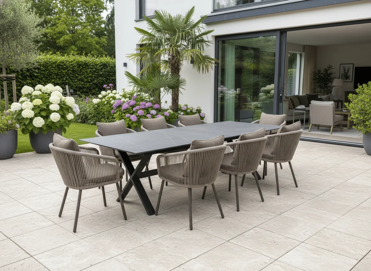Premium 6-8 seater Extension garden dining table with 6 harbour dining chairs for sale. Visit Dublin 14 to experience luxury outdoor living