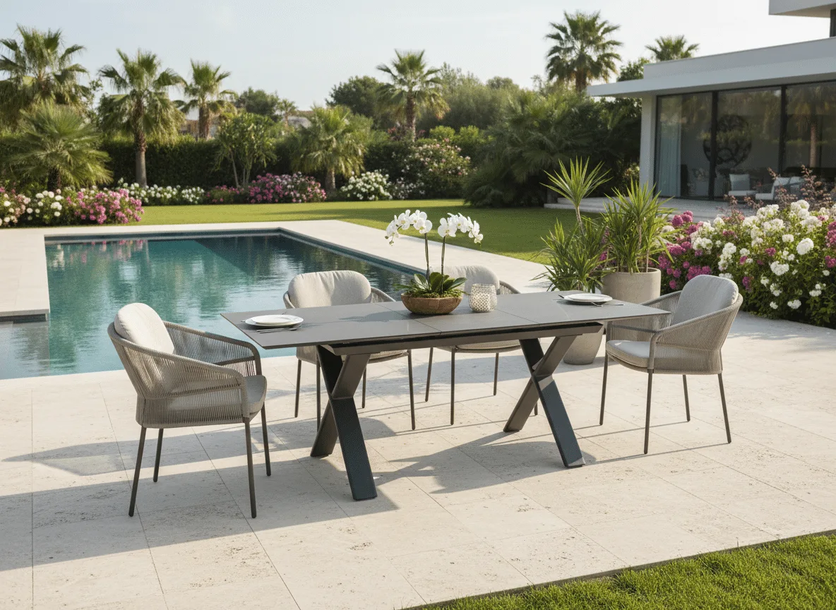 Premium 6-8 seater extendable charcoal garden dining table with 6 Florence dining chairs for sale. Visit Dublin 14 to experience luxury outdoor living