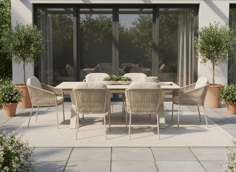 Albatros Extendable Dining Table for sale from The outdoor scene, Dublin 14, Ireland. 6 seater sand stone top with 6 X Florence Chairs