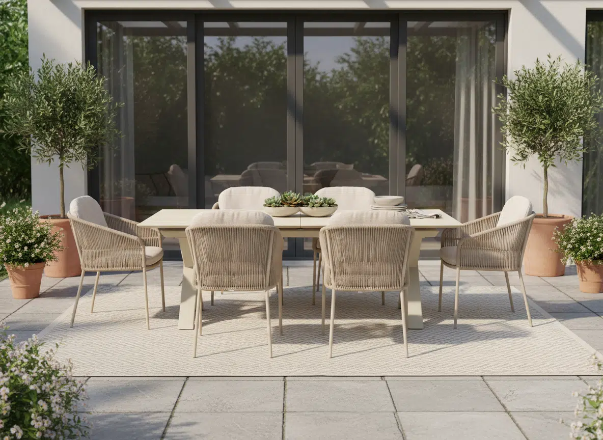 Albatros Extendable Dining Table for sale from The outdoor scene, Dublin 14, Ireland. 6 seater sand stone top with 6 X Florence Chairs