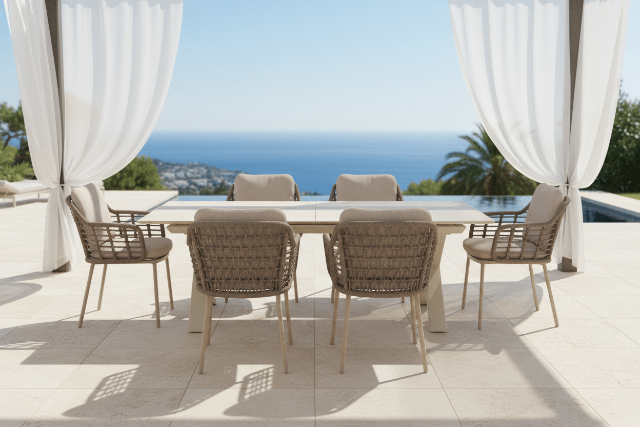 Albatros Extendable Dining Table for sale from The outdoor scene, Dublin 14, Ireland. 6 seater sand stone top with 6 X Puglia Chairs