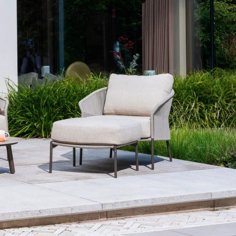 Florence Lounge Garden footstool & chair with cushion in TERRE COLOUR for sale. Lifestyle