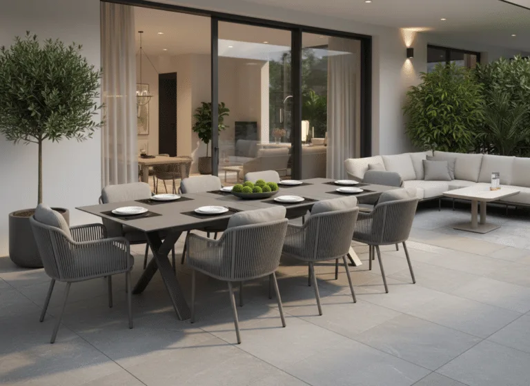 Premium 8-10 seater extendable charcoal garden dining table with 8 Bernini dining chairs for sale. Visit Dublin 14 to experience luxury outdoor living