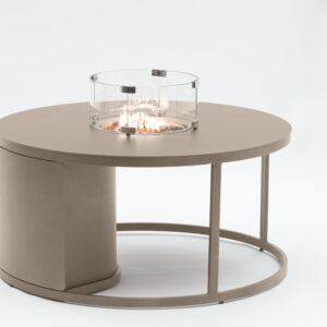 Fogo Round Firepit table Bob sand. Aluminium firepit with lava rock and gas bottle enclosure for sale