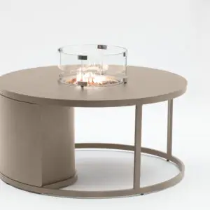 Fogo Round Firepit table Bob sand. Aluminium firepit with lava rock and gas bottle enclosure for sale