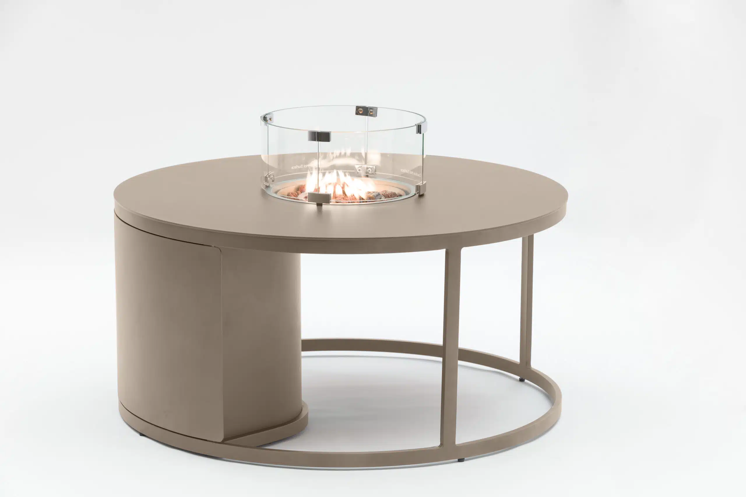 Fogo Round Firepit table Bob sand. Aluminium firepit with lava rock and gas bottle enclosure for sale