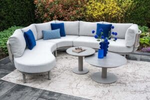 Matera Dining and Lounging hybrid furniture set. Garden Impression, outdoor 3 piece set. blue cushion