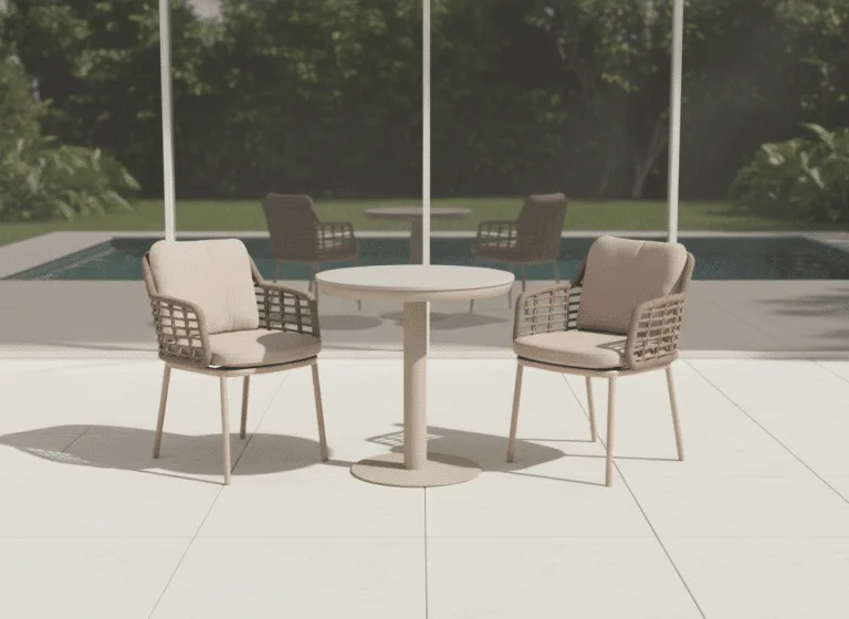 70cm Sand irin Bistro table with 2 Puglia Sand Chairs for sale from The Outdoor Scene. Premium Furniture Retailer in Irealnd
