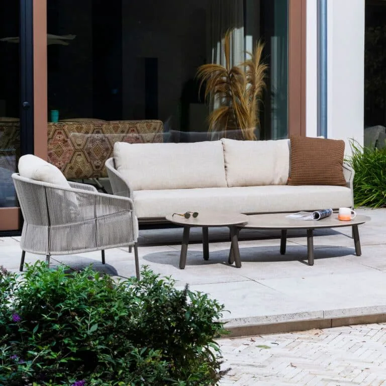 lifestyle outdoor Garden Furniture collection Florence 3 seater sofa in terre for sale from The Outdoor Scene in Dublin 14