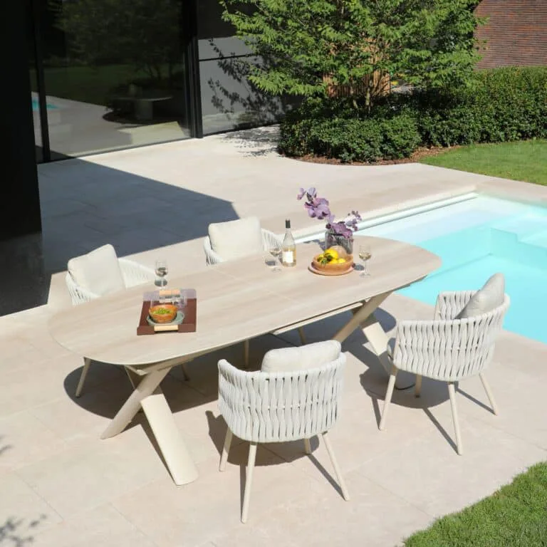 Albatros Organic 250 -310cm extendable Dining table in Bob Sand colour for sale from the Outdoor Scene, Dublin, Ireland. Lifestyle summer collection