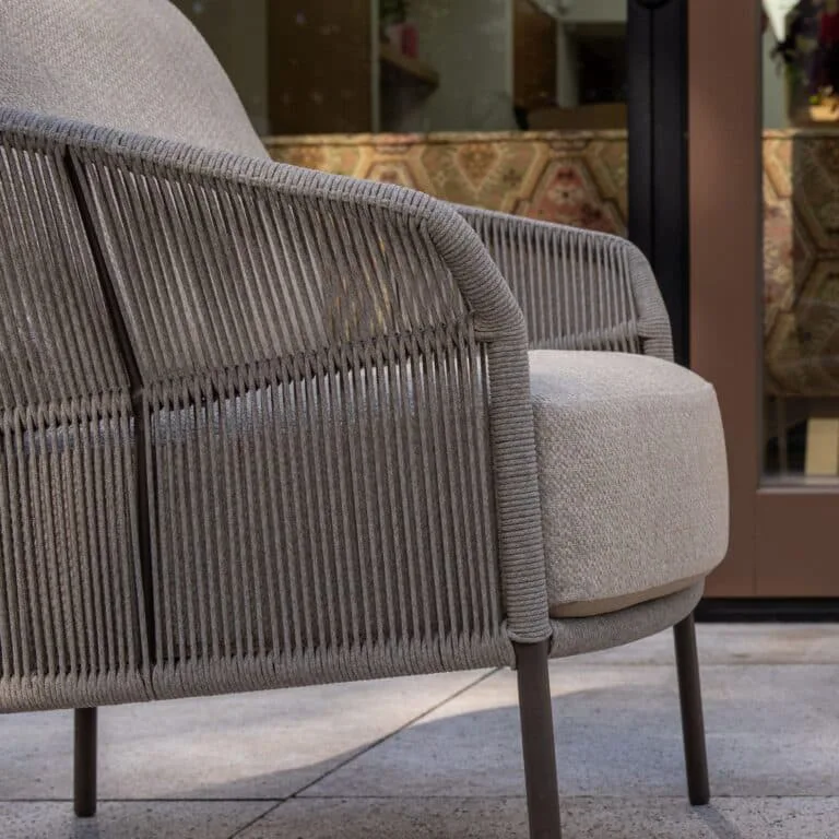 Florence Lounge Garden Chair with 2 cushion in TERRE COLOUR for sale. left view lifestyle