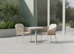 70cm Sand irin Bistro table with 2 Florence Latte Chairs for sale from The Outdoor Scene. Premium Furniture Retailer in Irealnd