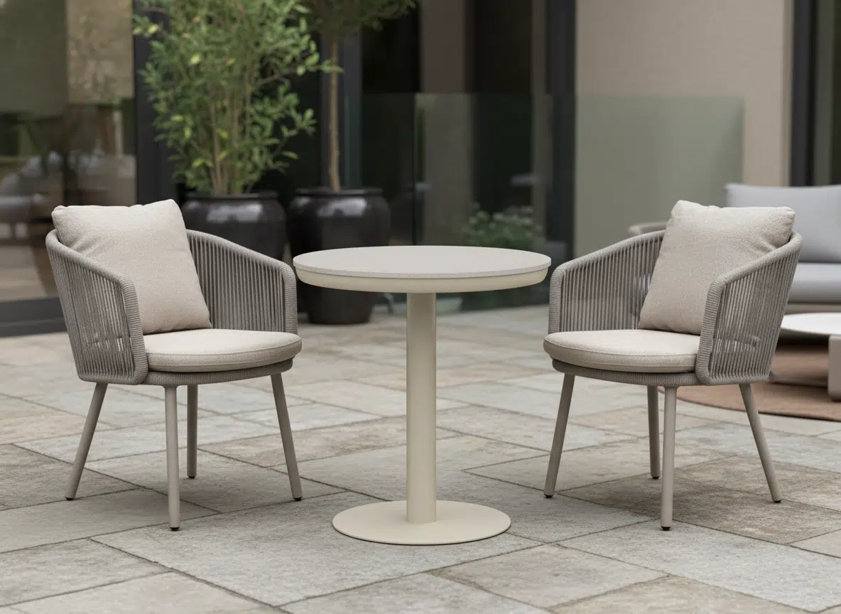 70cm Sand irin Bistro table with 2 Puglia Sand Chairs for sale from The Outdoor Scene. Premium Furniture Retailer in Irealnd