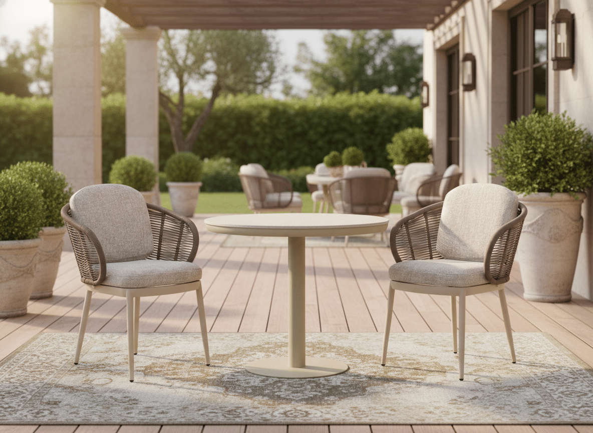 70cm Sand irin Bistro table with 2 Santorini Sand Chairs for sale from The Outdoor Scene. Premium Furniture Retailer in Irealnd