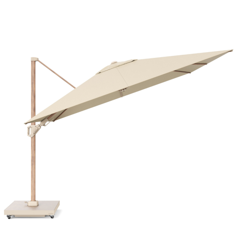 Platinum Challenger T² Garden Parasol Teak Frame 3x3m Champagne with Ceramica Base available at The Outdoor Scene