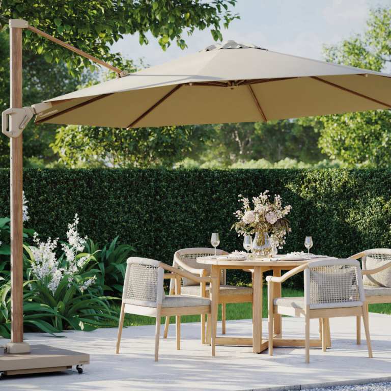 Platinum Challenger T² Garden Parasol Teak Frame 260x350cm Champagne with Ceramica Base for sale in IRL