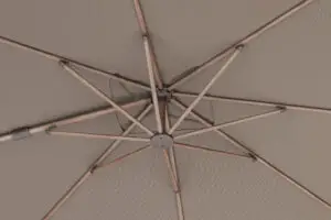 Ribs of Sun Shade Parasol Nexus T2 with Sandstone base. Havana Fabric & Mocha Frame . Truly Luxury outdoor Living