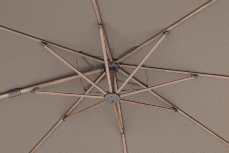 Ribs of Sun Shade Parasol Nexus T2 with Sandstone base. Havana Fabric & Mocha Frame . Truly Luxury outdoor Living