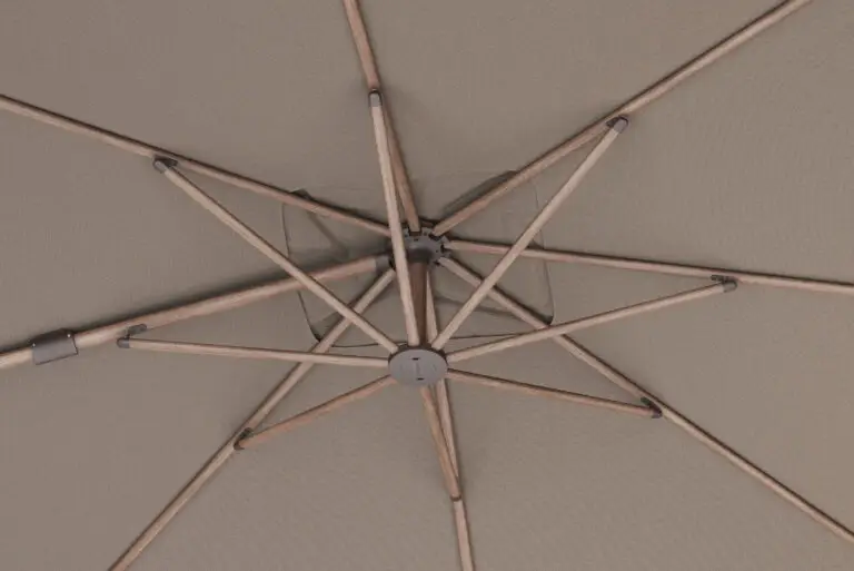 Ribs of Sun Shade Parasol Nexus T2 with Sandstone base. Havana Fabric & Mocha Frame . Truly Luxury outdoor Living