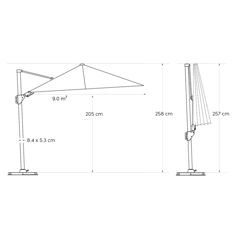 Open & Close Dimensions of Nexus T2 Cantilever parasol with base for sale from The Outdoor Scene, Dublin 14.