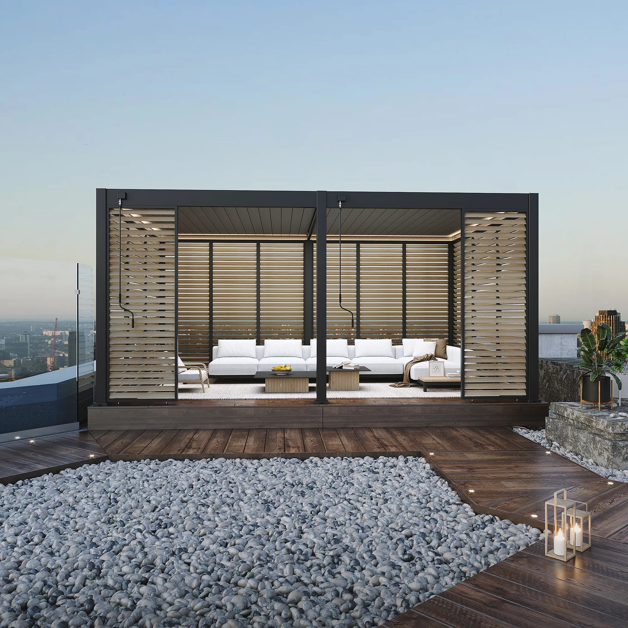 The Veranza 3.6 x 5.3 Louvered Roof Pergola from a Distance