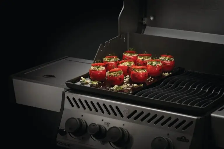 Napoleon Rogue Enamelled cast iron griddle lifestyle with food.