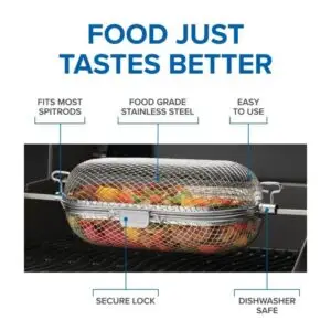 Napoleon Rotisserie Basket Stainless steel on BBQ - lifestyle close up
