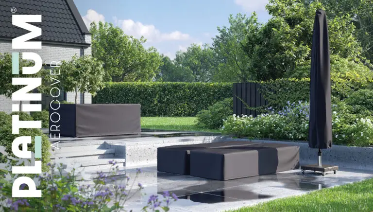 Garden set cover for sale 340cm x 190 cm. All weather garden furniture protection Lifestyle setting